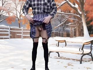 I AM HOT BUT THE WEATHER IS VERY COLD. PRETTY GAY BOY TWINK IN SCHOOLGIRL SKIRT IN THE PARK IN SNOWING DAY IN THE PARK